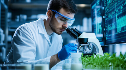 A food scientist, deeply focused, studies a milk sample through a digital microscope, analyzing the stratification of dairy products, with screens displaying real-time data in the
