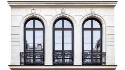 Fototapeta premium Elegant arched windows with black railings, Transparent background
