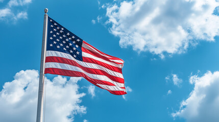 Fototapeta premium A close-up of the stars and stripes of the American flag, fluttering against a bright blue sky with clouds, representing the spirit of freedom and national identity.