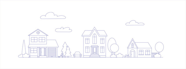 Neighborhood line art cityscape. Town city street with outline buildings. Vector line art illustration with suburban cityscape and different buildings.
