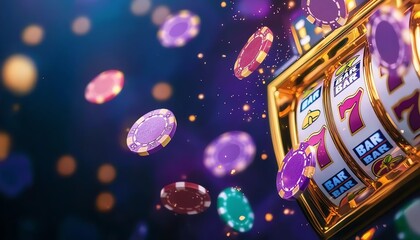Colorful casino chips and slot machine with vibrant background, highlighting the excitement of gambling.