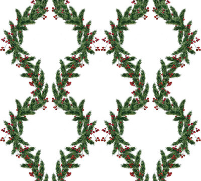 Watercolor seamless pattern with red berries of hawthorn and juniper twigs. Floral damask wallpaper.