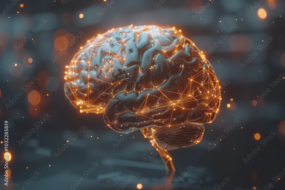 Poster a human brain with interconnected circuits and glowing lines.