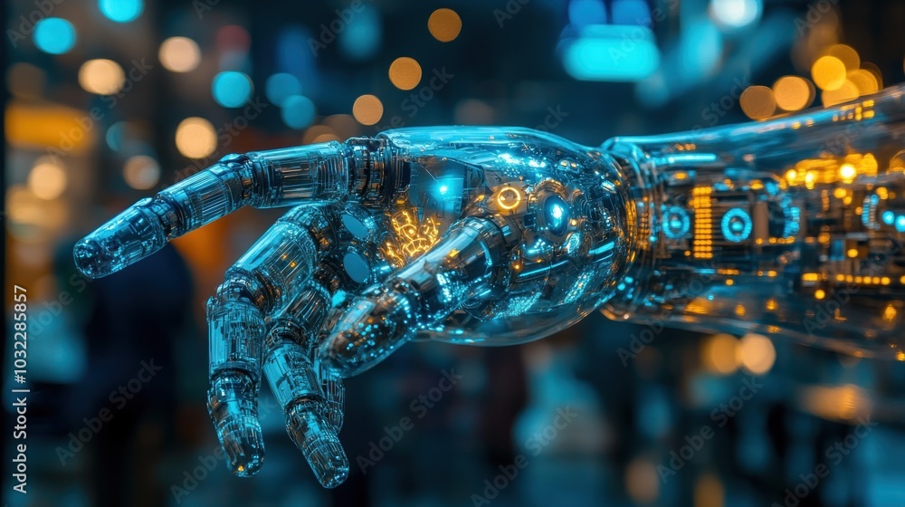 Poster close-up of a transparent robotic hand with glowing lights