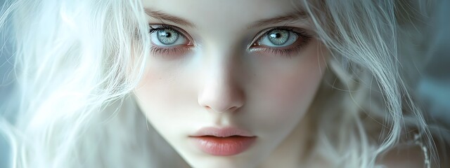Fototapeta premium A beautiful girl with white hair, light eyes, porcelain skin, and pale color tones