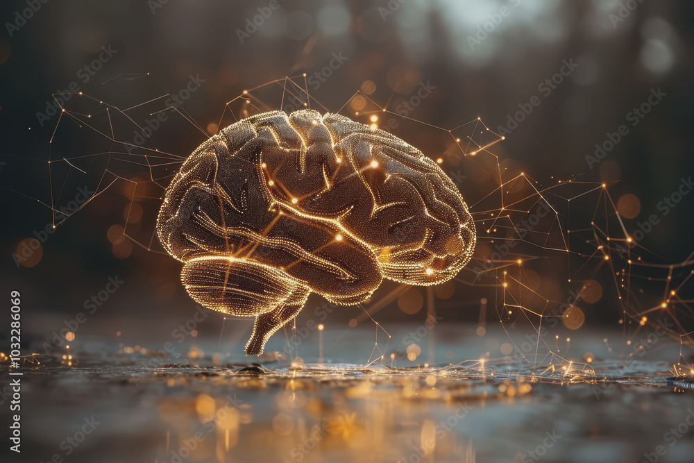Poster a human brain with interconnected circuits and glowing lines.