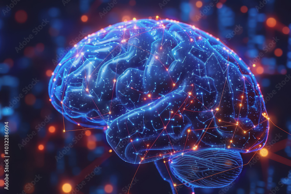 Poster a human brain with interconnected circuits and glowing lines.