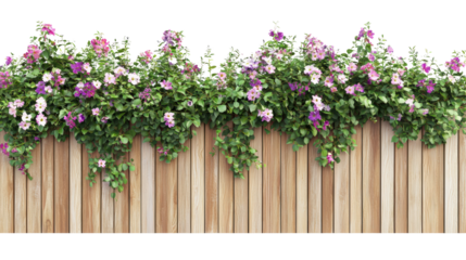 A wooden fence adorned with vibrant flowers in pink and purple hues, enhancing the outdoor aesthetic with lush greenery.
