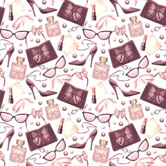 Women's items for fashionable look. Seamless pattern with perfume and handbag, sunglasses and lipstick. Hand drawn watercolor illustration. Fashion beauty concept Template for wallpaper wrapping, card