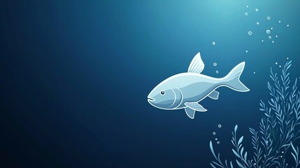 Naklejka premium A serene illustration of a fish swimming gracefully through deep blue water, surrounded by bubbles and aquatic plants.