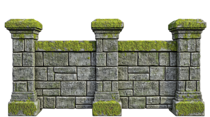 A moss-covered stone wall with decorative pillars, showcasing a rugged yet natural appearance against a transparent background.