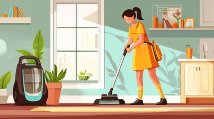 A young woman in a yellow dress is vacuuming the floor in her living room.