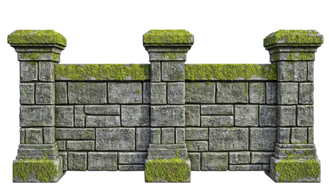 A moss-covered stone wall with decorative pillars, showcasing a rugged yet natural appearance against a transparent background.