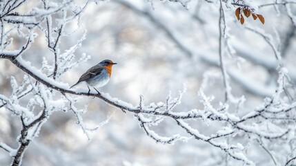 Naklejka premium A bird perched on a frosted branch in a snowy landscape.