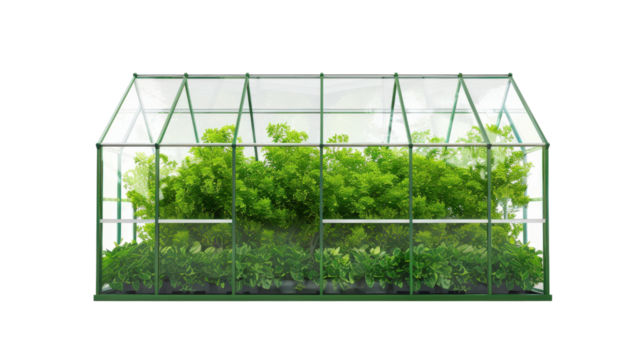 Greenhouse with lush plants, Transparent background
