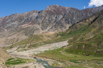 Rural landscape view of Kaghan valley with Kunhar river, Balakot, Mansehra, Khyber Pakhtunkhwa, Pakistan