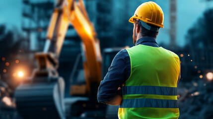 A construction worker stands firmly with arms crossed in front of an excavator, his yellow hard hat and reflective vest glowing, embodying the spirit of hard work and industrial pr