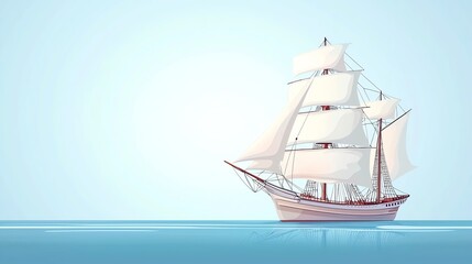 A traditional sailing ship with white sails gliding on calm waters, against a light blue background.