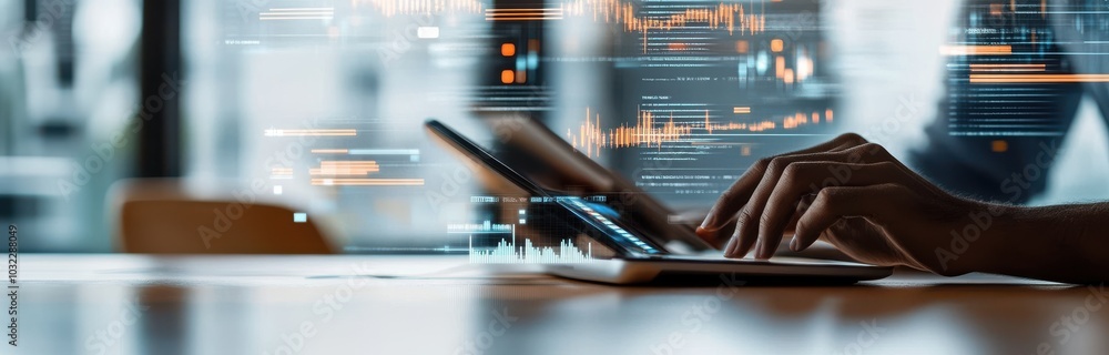 Poster a person types on a laptop, surrounded by digital data streams, symbolizing technology and innovatio