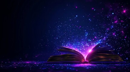 An open book with vibrant cosmic lights emanating from its pages, creating a mystical and enchanting atmosphere.