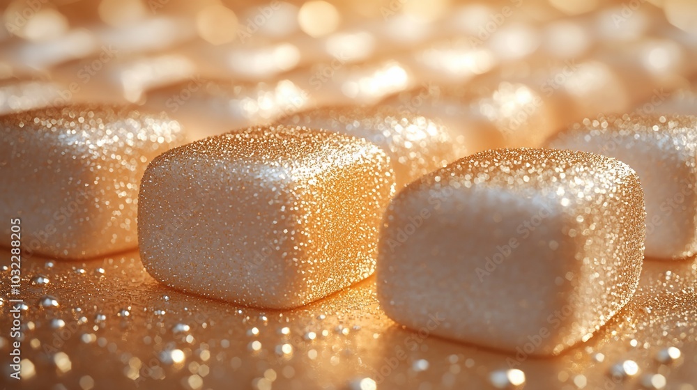 Poster close-up of sparkling golden cubes arranged on a shiny surface.