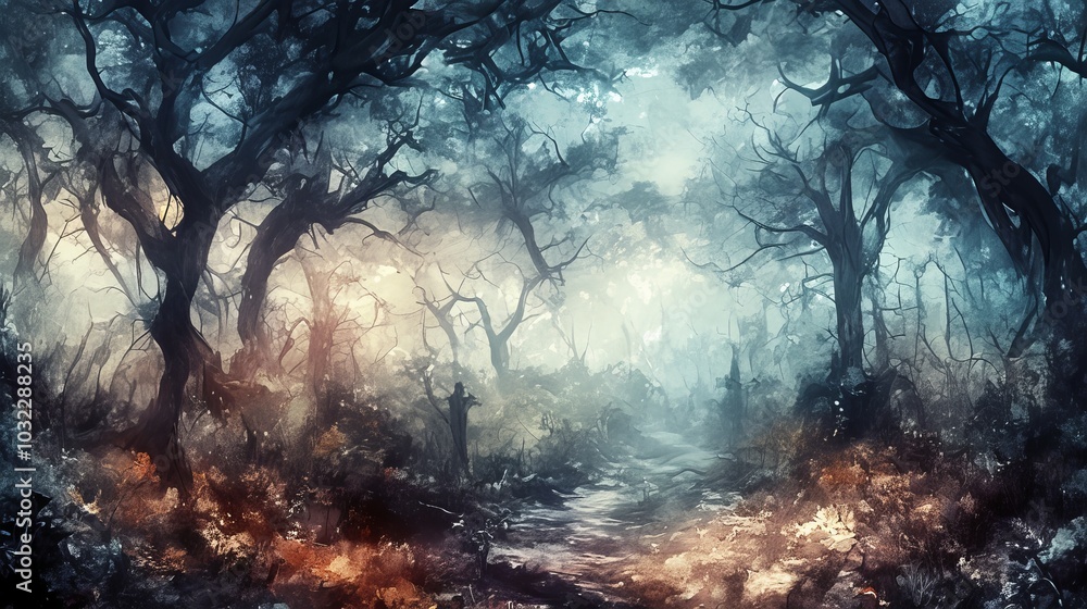 Poster a mystical forest scene with ethereal lighting and dense trees creating a dreamlike atmosphere.