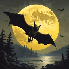 Illustration of large yellow moon with flying bats.