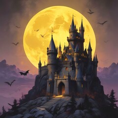 Illustration of large yellow moon with flying bats.