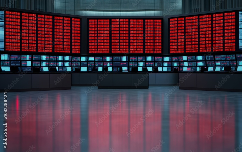 Poster a high-tech trading room with multiple screens displaying red stock market data, creating a vibrant 