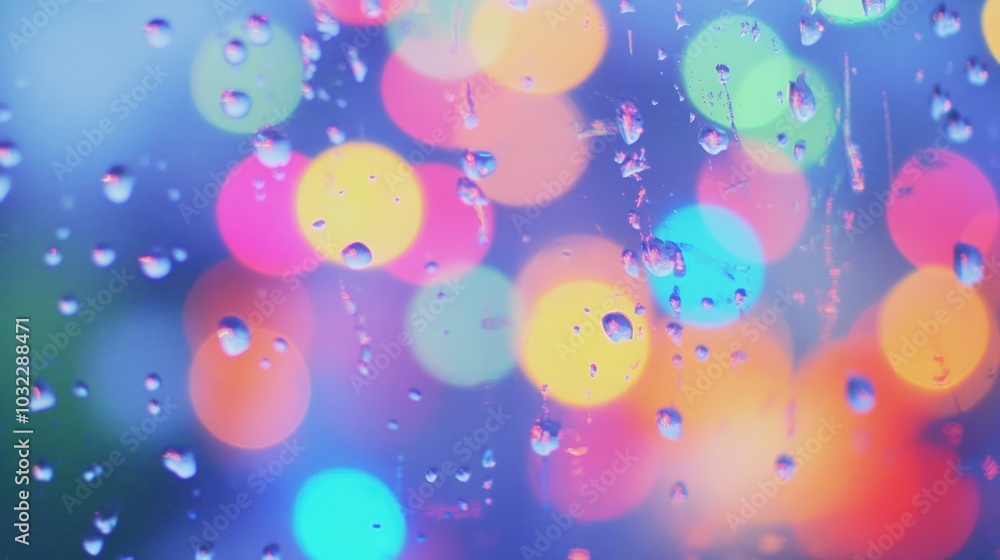 Poster raindrops on a window with blurred colorful lights in the background.