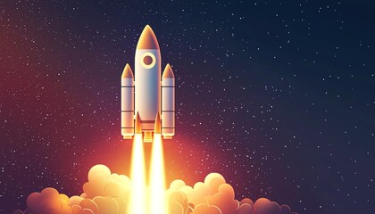 Rocket launching into space, vibrant colors against a starry background.