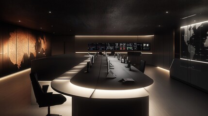 Modern, Dark Office Interior with Curved Desk and World Map Wall Decor