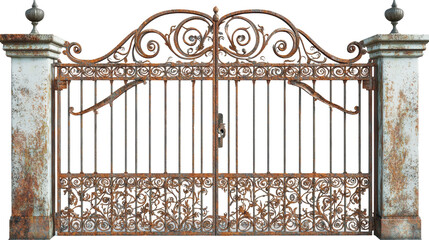 A vintage wrought iron gate with intricate patterns and rust, flanked by weathered stone pillars, exuding an antique charm.