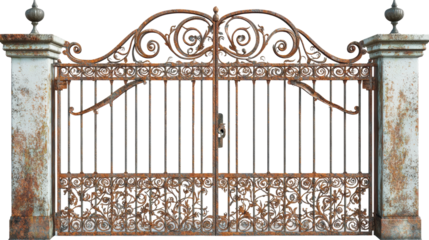 A vintage wrought iron gate with intricate patterns and rust, flanked by weathered stone pillars, exuding an antique charm.