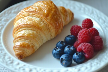 A flaky croissant accompanied by fresh raspberries and blueberries on a decorative plate, perfect for a delightful breakfast or snack.