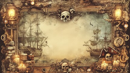 A pirate-themed background featuring ships, skulls, and nautical elements for creative use.