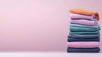 A stack of pastel-hued clothing items, with perfectly folded jeans, shirts, and sweaters, standing against a clean, light background, radiating a sense of calm and domestic efficie