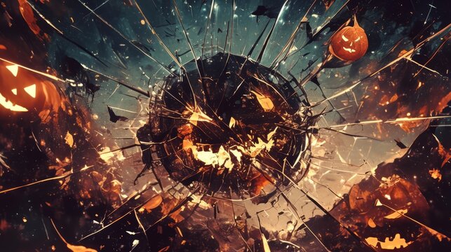 A shattered planet with Halloween motifs, evoking a cosmic, eerie atmosphere.