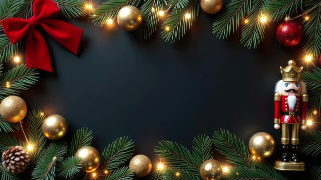 Animation Christmas banner with space for text on red background with toy Nutcracker and garlands. Frame of fir branches, gold balls and red bows, confetti and atmospheric lights