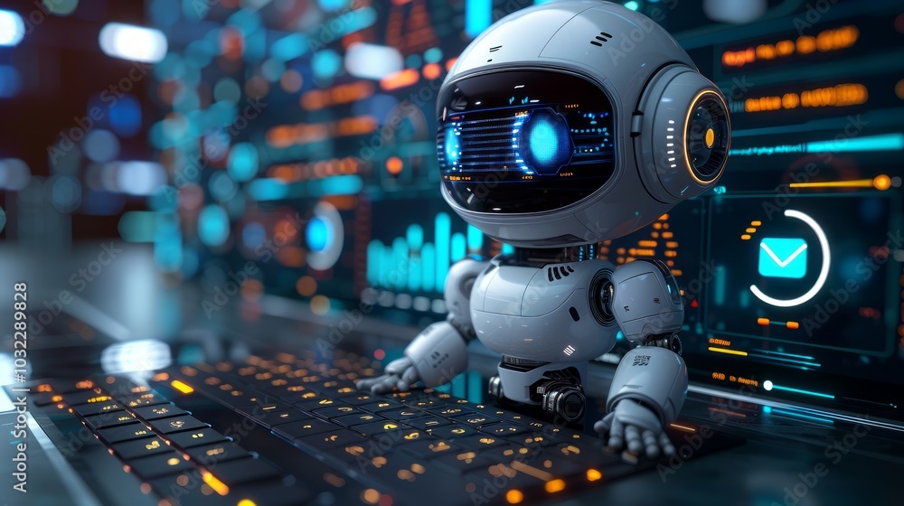 Poster a futuristic white robot with blue glowing eyes sits at a computer keyboard in front of a monitor di