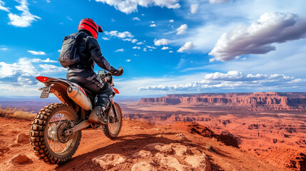 A motorcyclist in full protective gear navigates rough terrain on an off-road motorcycle, gazing at the distant horizon, embodying the spirit of adventure and freedom against a rug