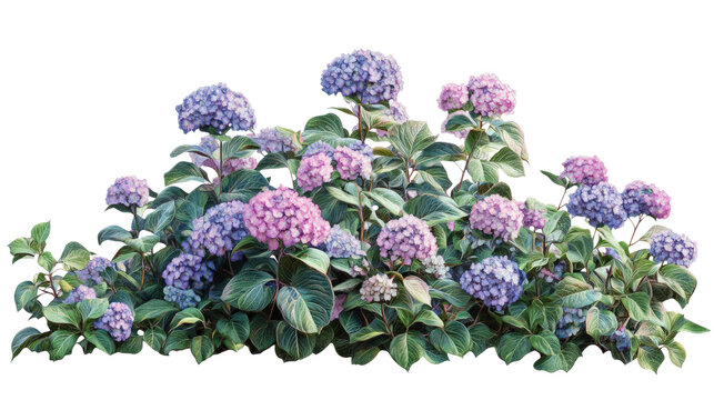 Vibrant hydrangea bush with colorful blooms, Transparent background