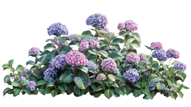 Vibrant hydrangea bush with colorful blooms, Transparent background