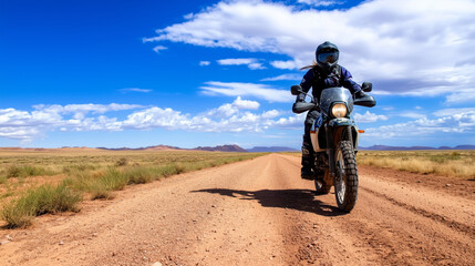 A lone motorcyclist in protective gear rides across desolate, rough terrain, eyes on the horizon as they explore new frontiers, embodying the spirit of travel and the joy of advent