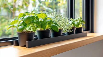 A row of potted herbs on a windowsill, enhancing indoor greenery. - Powered by Adobe