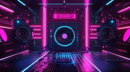 A futuristic music studio with neon lights, speakers, and a mixing console.