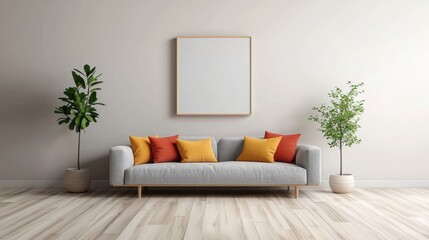Obraz premium A stylish living room featuring a gray sofa adorned with colorful cushions, complementing potted plants and a blank wall for customization, creating a cozy atmosphere.