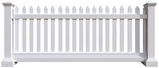 A white picket fence with pointed tops, providing a classic and decorative boundary, set against a transparent background.