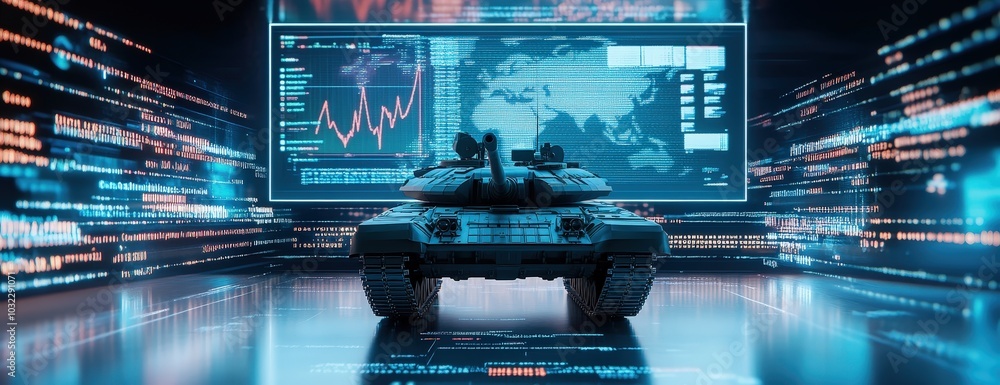 Poster a futuristic digital scene featuring a military tank in front of data analysis screens, showcasing a