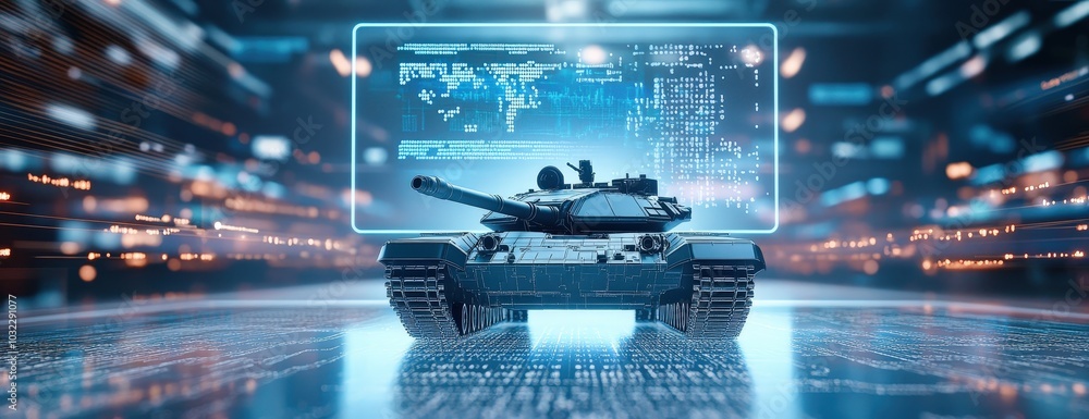 Poster a futuristic tank is displayed in a high-tech environment, featuring a vibrant digital interface tha